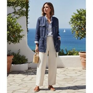 Chico's Jacket 2 Women L 12 Blue Linen Safari Snap Zip Coat Coastal Quiet Luxury